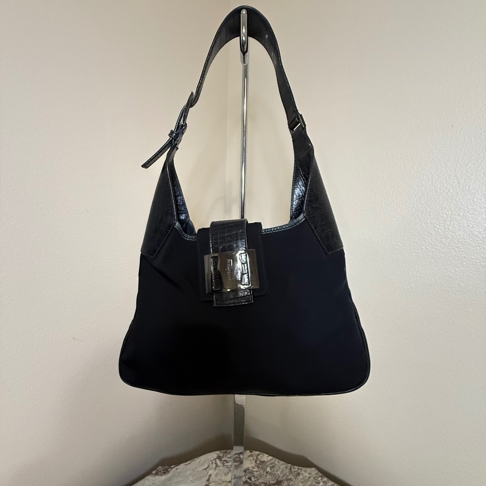Salvatore Ferragamo Nylon Crocodile Trim Quiet Luxury Shoulder Bag